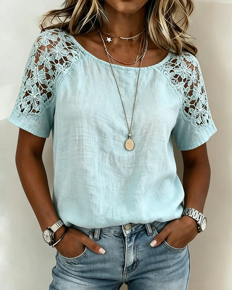 Blouse Kant Hollow Out Patchwork Korte Mouw