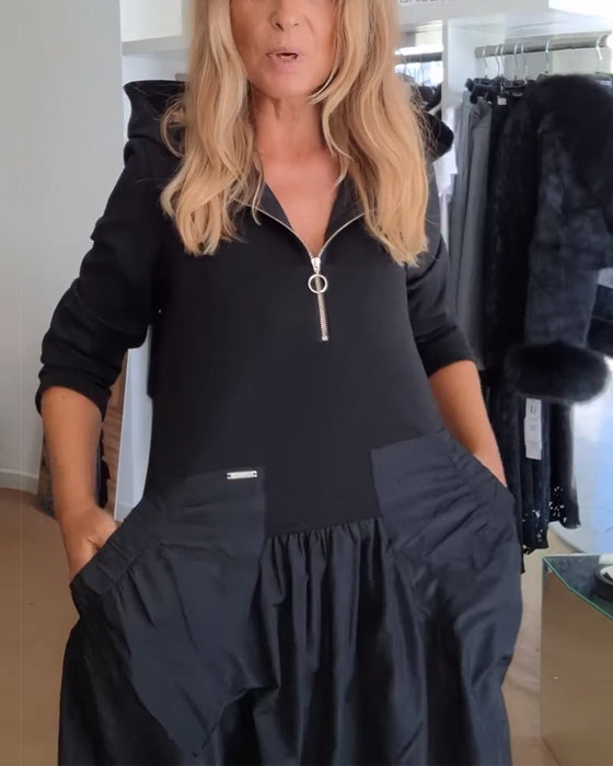 Casual jurk met rits, capuchon en patchworkzak
