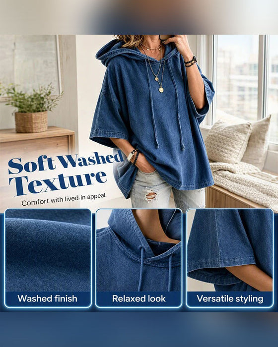 Hoodie Met Capuchon Trekkoord Ellebooglange Mouw Denim