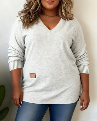Plusmaat Top Met V-Hals En Lange Mouwen