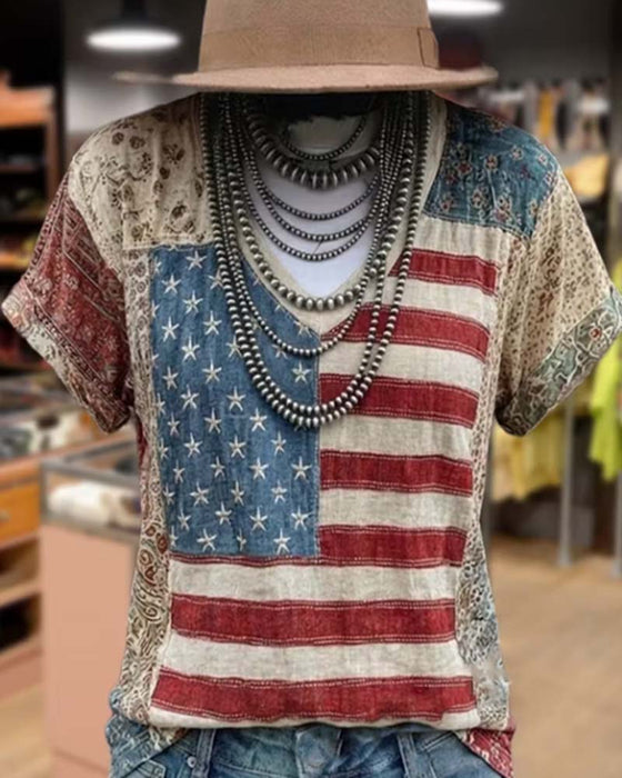 T-Shirt V-Hals Korte Mouw Patchwork