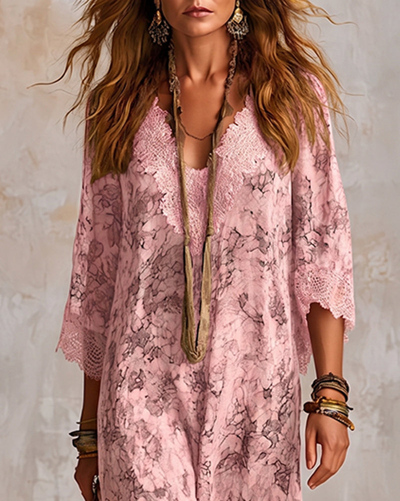 Jurk V-Hals Kant Patchwork Asymmetrisch