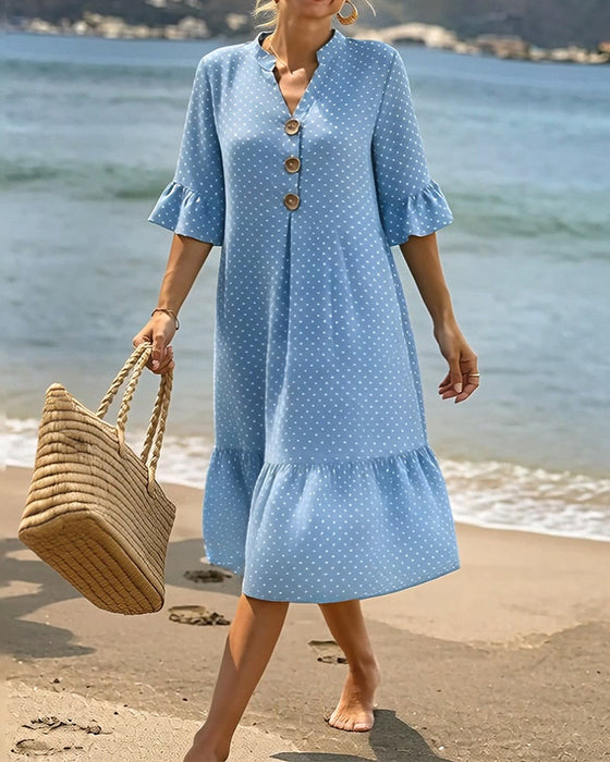 Jurk Polka Dot V-Hals Geruwde Mouw
