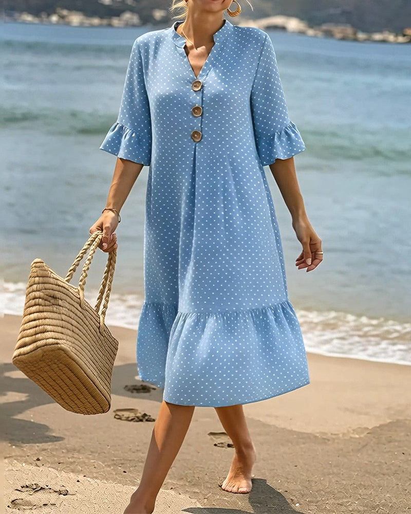 Jurk Polka Dot V-Hals Geruwde Mouw