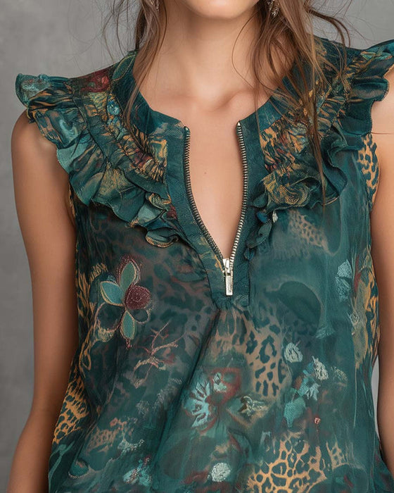 Blouse Gerimpeld Mouwloos Halfritsen