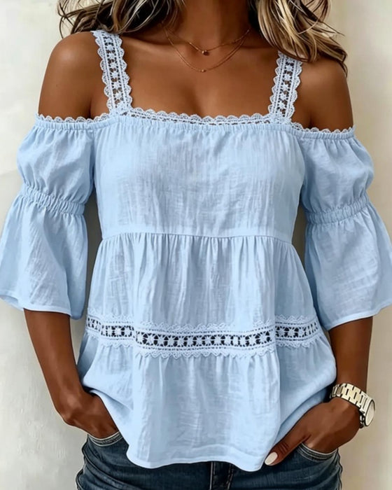 Blouse Kant Patchwork Bandje Koude Schouder