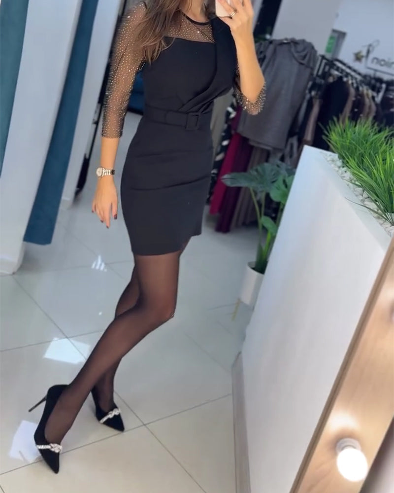Jurk Mesh Kappe Rhinestone Slim Fit Heupomvattend