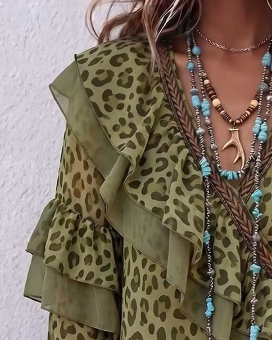 Blouse V-Hals Ruffle Luipaard