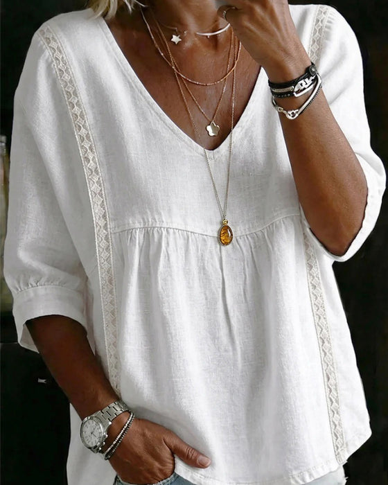 Blouse Ruffle Rand V-Hals Ellebooglange Mouw