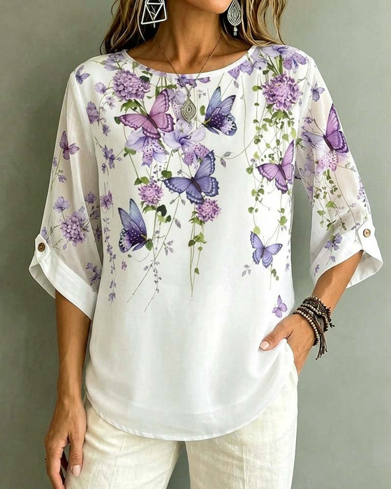 Blouse Rondhals Vlinder Bloemen