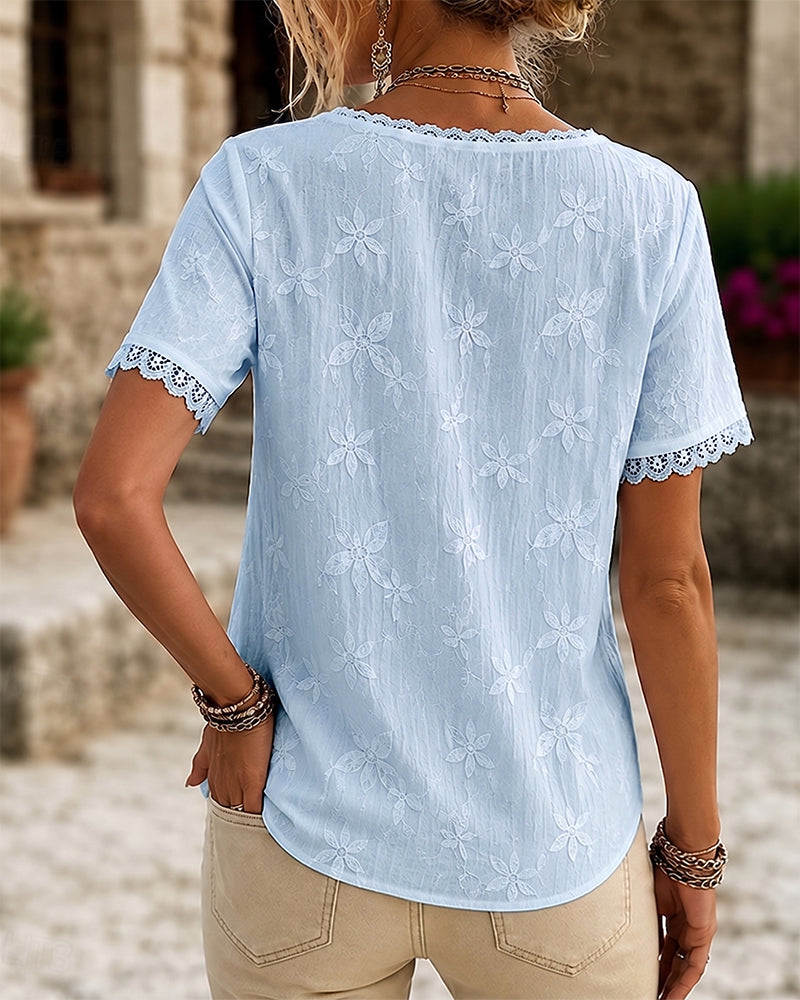 Blouse V-Hals Kant Korte Mouw