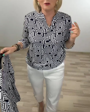 Overhemd Geometrisch Half-Open Kraag Driekwart Mouw