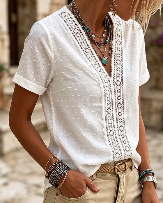 Blouse V-Hals Diamant Uitsnede 3D Bloemig Effen