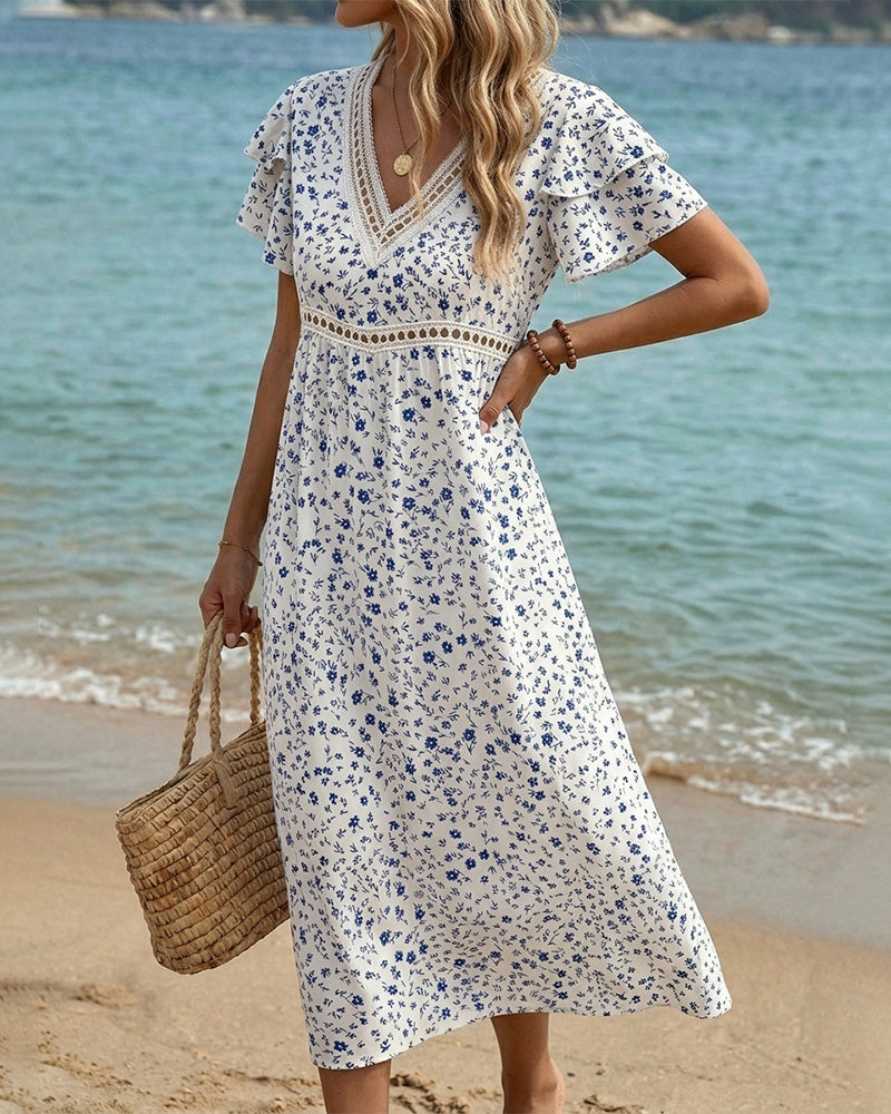 Jurk Blauw Wit Bloemenprint Print V-Hals