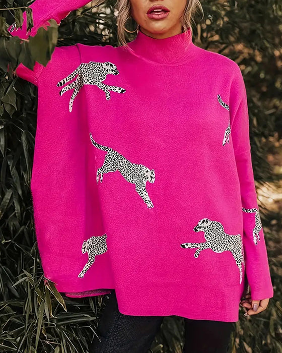 Stijlvolle losse pullover met hoge hals en luipaardprint