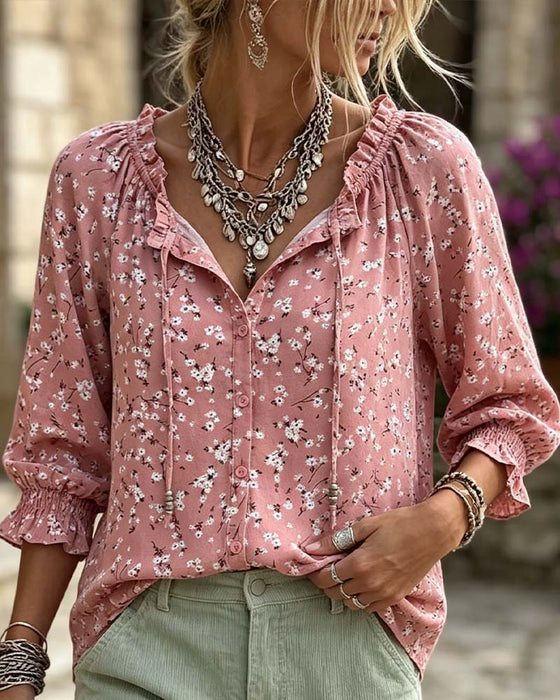 Blouse V-Hals Bloemen Bandjes Ruches Mouw