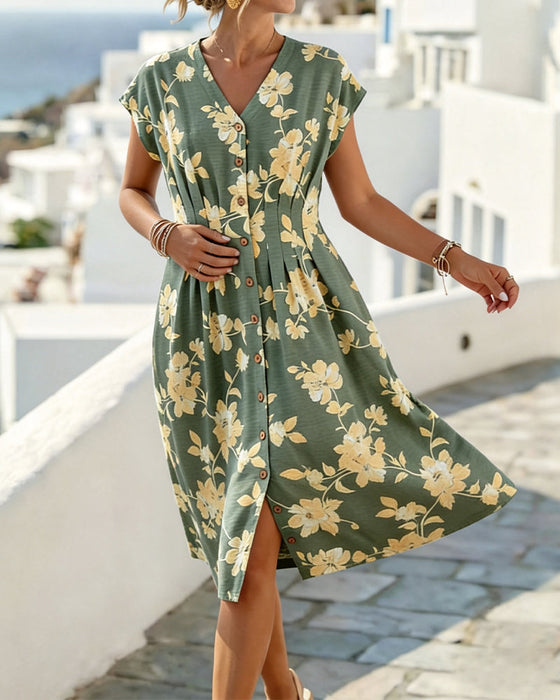 Jurk V-Hals Print Getailleerde Taille Knoopsluiting Voorzijde