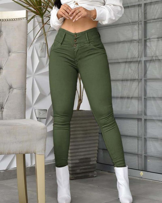 Broek Hoge Taille Zak Knoop Smal