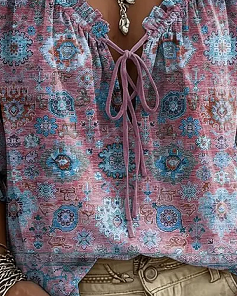 Blouse V-Hals Strik Vintage Print