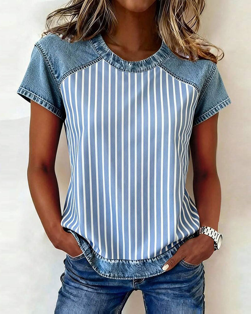 T-Shirt Denim Patchwork Gestreept Korte Mouw
