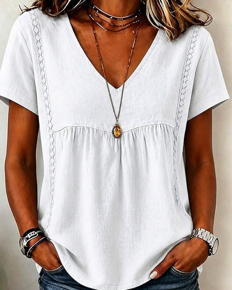 Blouse V-Hals Gerimpeld Korte Mouw