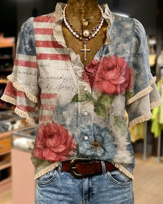 Bloemenprintblouse Met Ruches