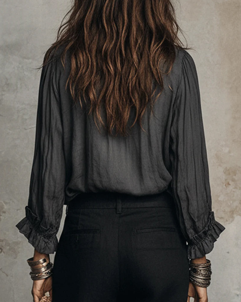 Blouse Lange Mouw Diepe V-Hals Gerimpeld