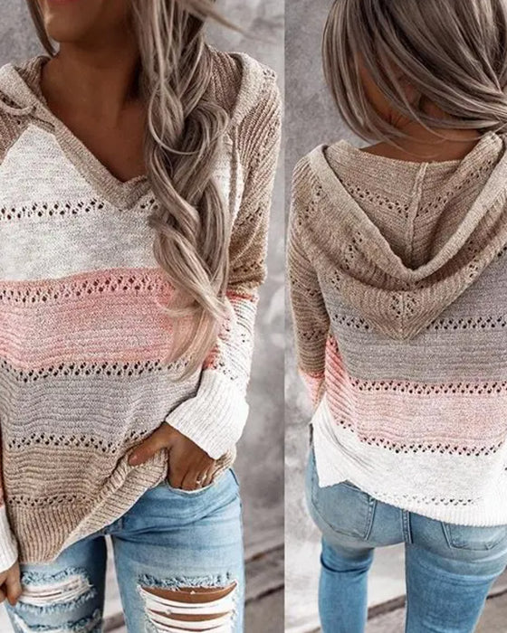 Pullover Kleurblok Uitsnede Met Capuchon Gebreid