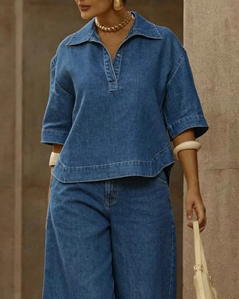 Set Denim Keepkraag Wijd Pijp Broek