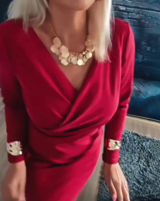 Modieuze Jurk Met V-Hals En Lange Mouwen