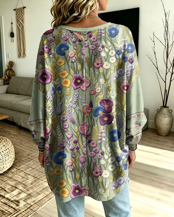 Top V-hals Bloemen Loose Lange Mouw