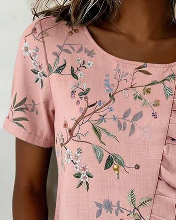 Blouse Ronde Hals Korte Mouw Ruche Bloemen