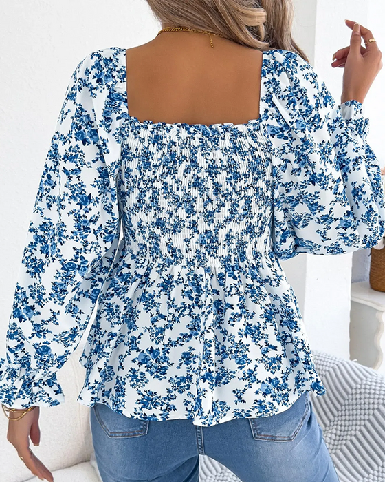 Blouse Vierkante Hals Gerimpeld Bloemig Ruffle