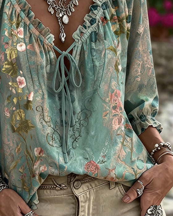 Blouse Bloemen Afdruk Trekkoord Driekwart Mouw