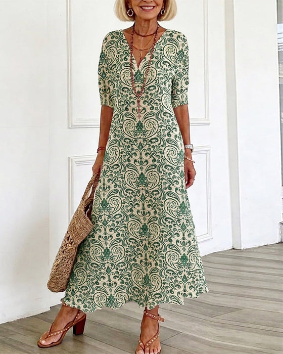 Jurk Vintage Bloemenpatroon V-Hals Maxi