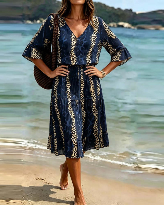 Jurk V-Hals Luipaard Patchwork Midi Vakantie