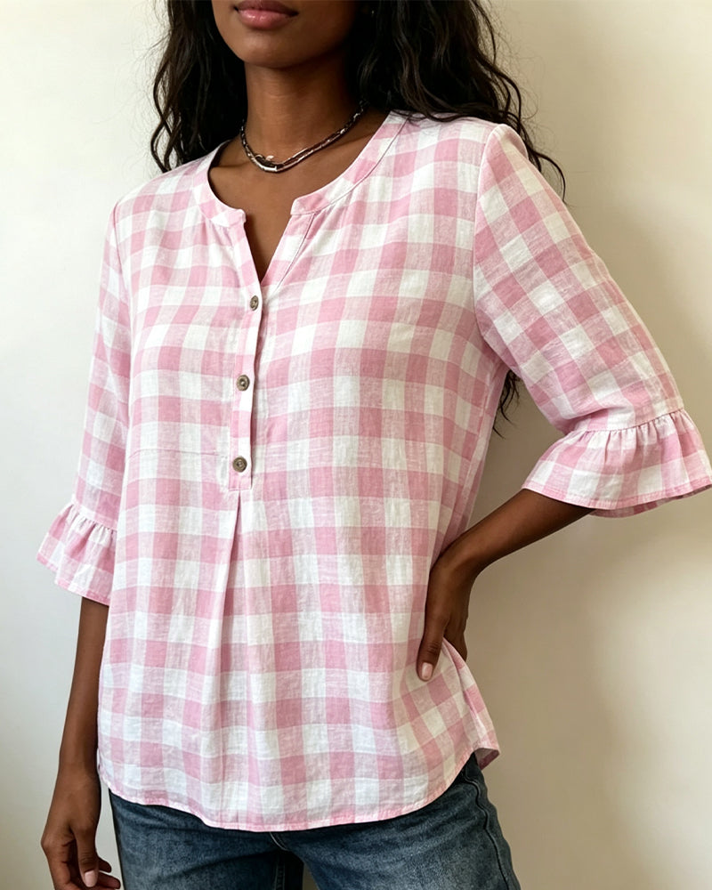 Blouse V-Hals Knoop Voor Geruit Ruffle