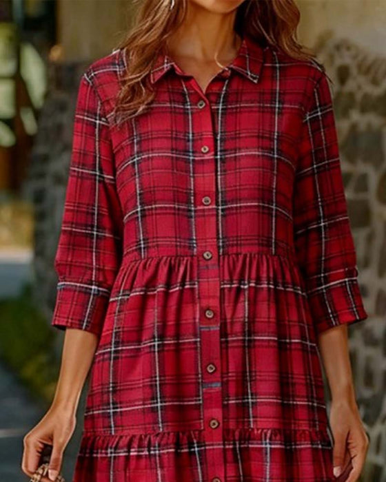 Jurk Plaid Zeven-Kwart Mouw Gelaagd
