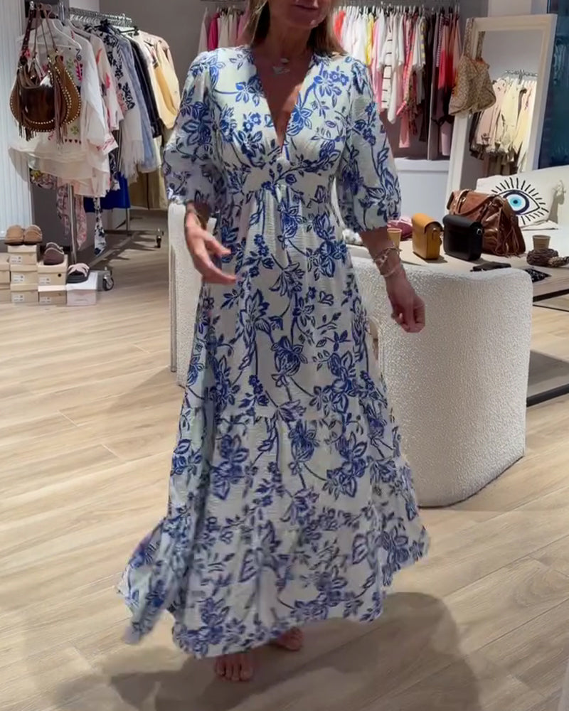 Jurk Diepe V-Hals Elegant Bloemig Lang
