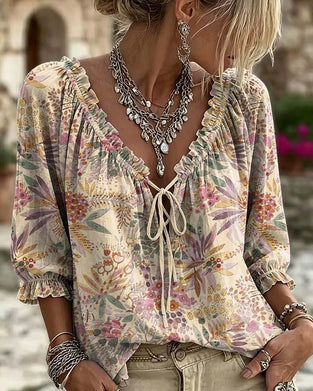 Blouse V-Hals Met Vetersluiting