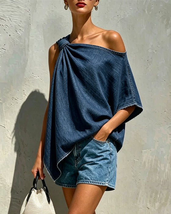 Blouse Denim Knoop Één Schouder