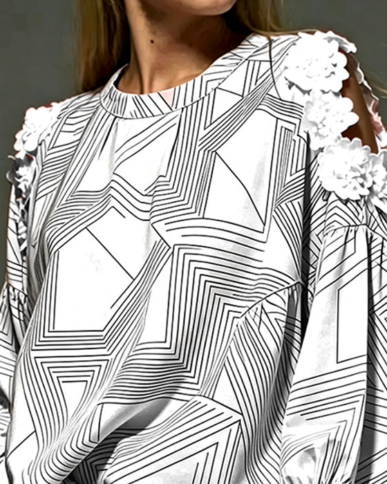 Blouse Ronde Hals Off-Schouder Geometrisch Los