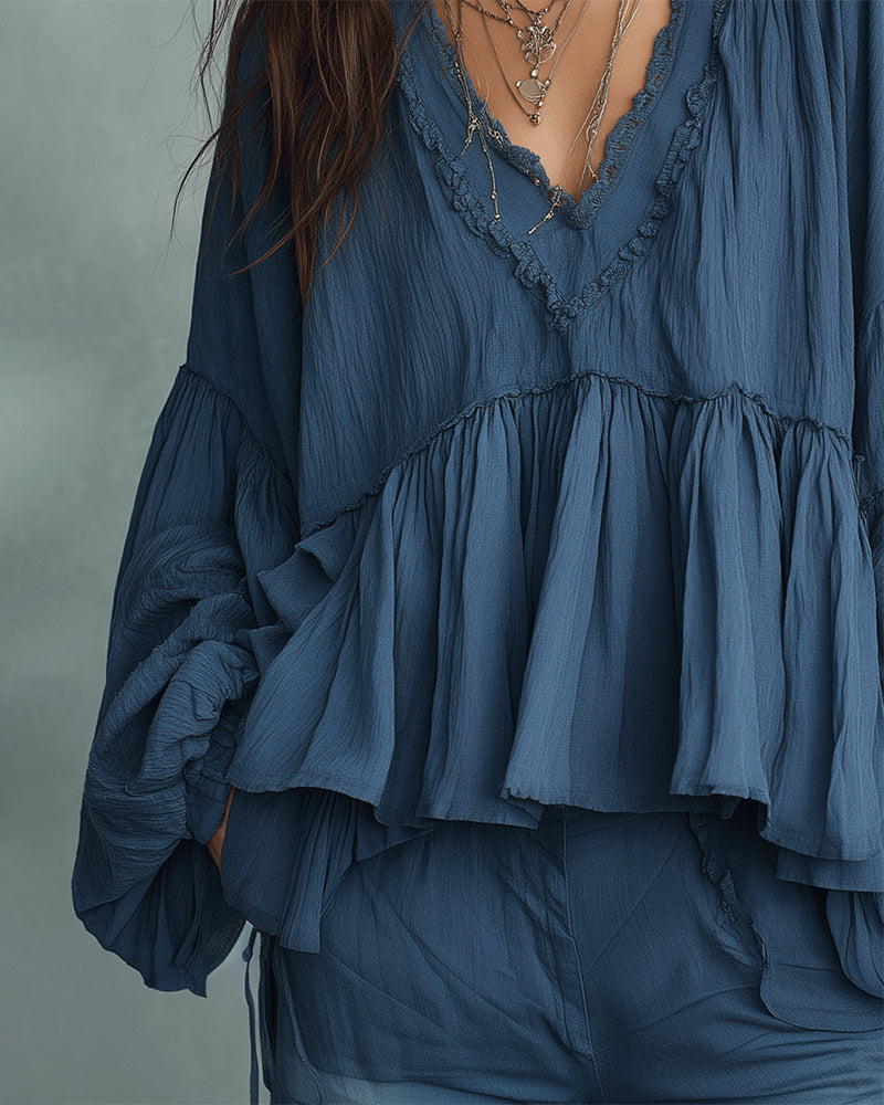 Blouse Bohemian-Stijl Pofmouw V-Hals