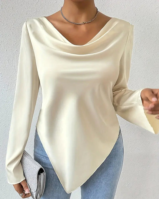 Casual effen kleur geplooide blouse met onregelmatige lange mouwen