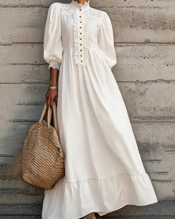 Jurk Mock Neck Kant Knoop Ruffle