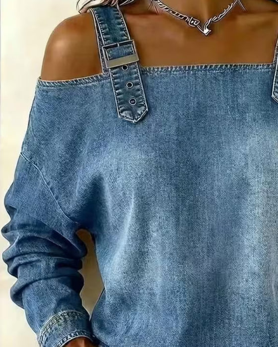 Blouse Spaghettiband Off-Shoulder Denim Metalen Knoop
