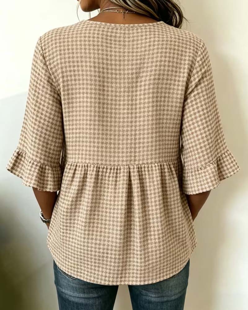 Blouse Ruitjesmotief Drieknoops Casual