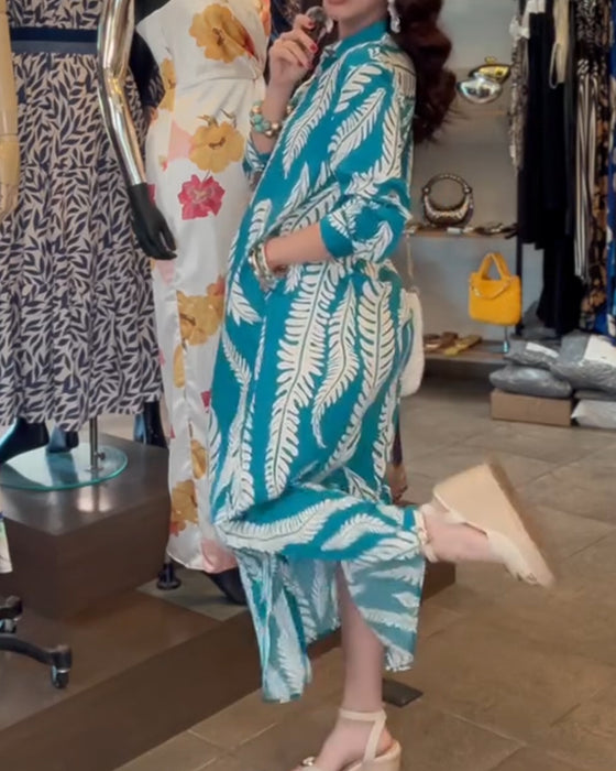 Jurk Gekraagd Blad Print Overhemd