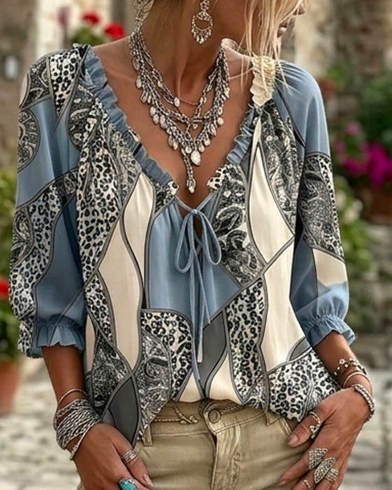 Blouse V-Hals Luipaard Pofmouw Strik