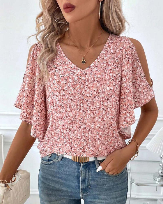 Blouse V-Hals Bloemen Off-Shoulder Flutter Mouw